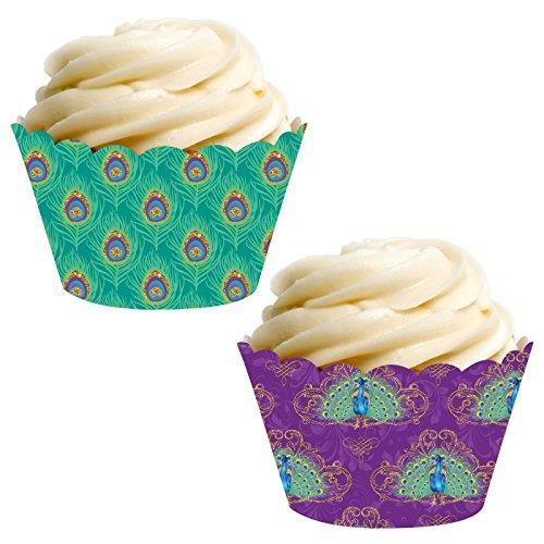 Purple and Aqua Peacock Feathers Cupcake Wrapper-set of 24-Andaz Press-