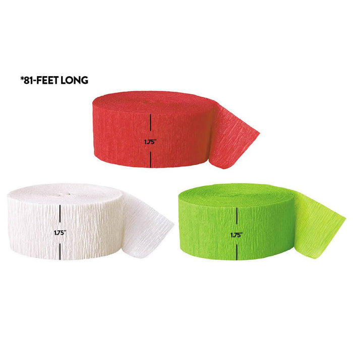 Red, White, Kiwi Green Crepe Paper Streamer Hanging Decorative Kit-Set of 3-Andaz Press-
