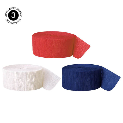 Red, White, Navy Blue Crepe Paper Streamer Hanging Decorative Kit-Set of 3-Andaz Press-
