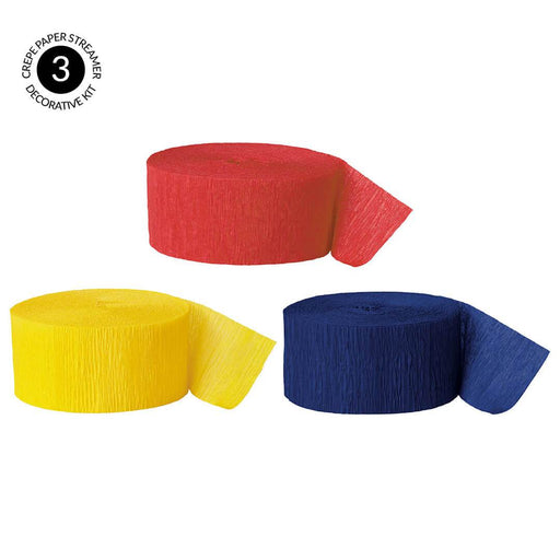 Red, Yellow, Navy Blue Crepe Paper Streamer Hanging Decorative Kit-Set of 3-Andaz Press-