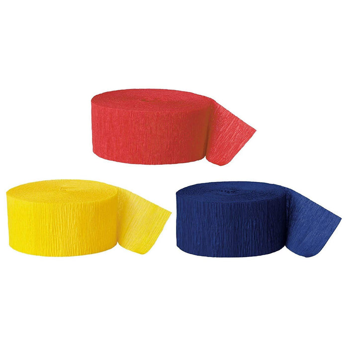 Red, Yellow, Navy Blue Crepe Paper Streamer Hanging Decorative Kit-Set of 3-Andaz Press-