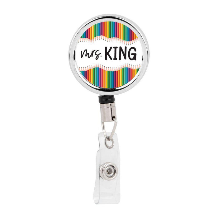 Retractable Badge Reel Holder With Clip, Custom Happy Rainbow, Cute Elegant Design-Set of 1-Andaz Press-Rainbow Color Pencils-