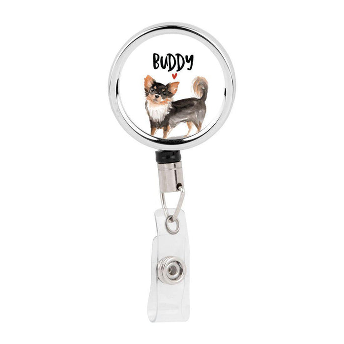 Retractable Badge Reel Holder With Clip, Custom Name Pet Dog Lover Collection 2-Set of 1-Andaz Press-Long Haired Chihuahua-
