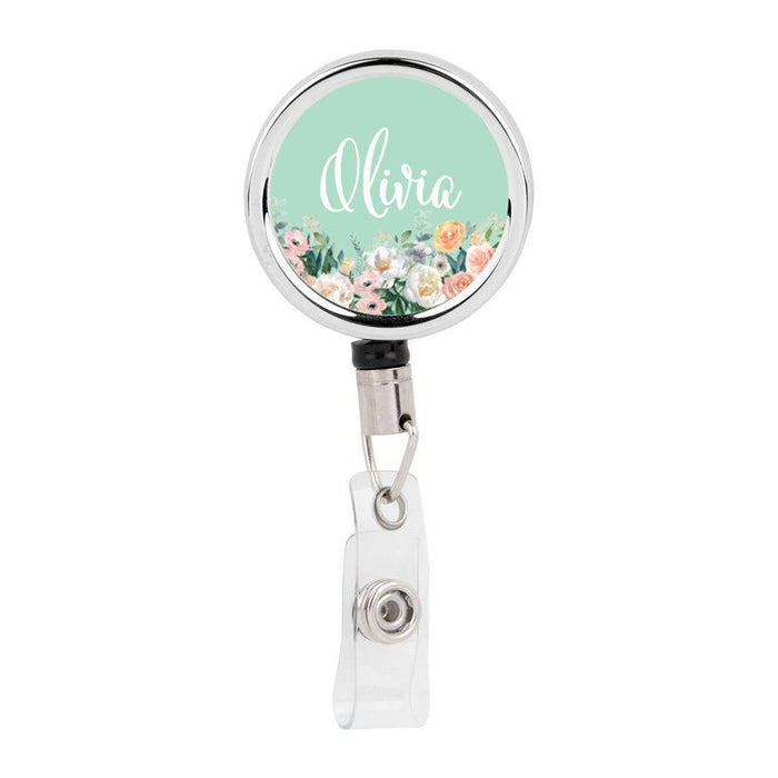 Retractable Badge Reel Holder With Clip, Custom Pink Peonies Floral Design-Set of 1-Andaz Press-Pink Peonies Flowers-