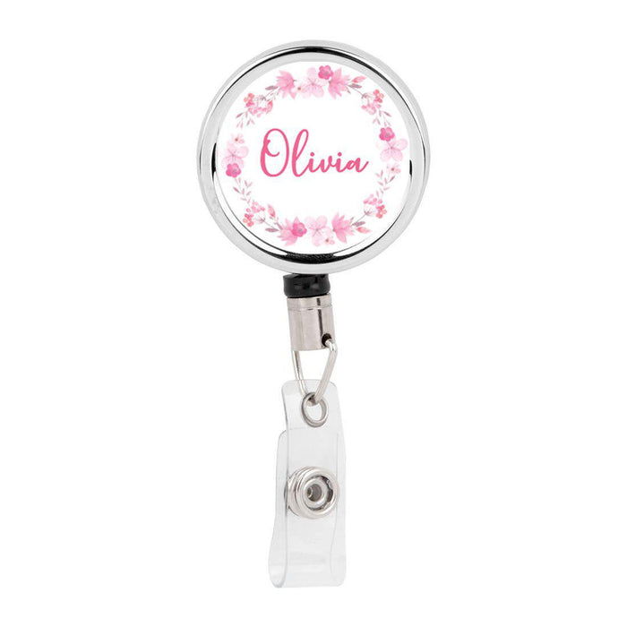 Retractable Badge Reel Holder With Clip, Custom Pink Peonies Floral Design-Set of 1-Andaz Press-Pink Peonies Flowers-