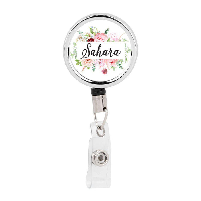 Retractable Badge Reel Holder With Clip, Custom Pink Peonies Floral Design-Set of 1-Andaz Press-Pink Peonies Flowers-