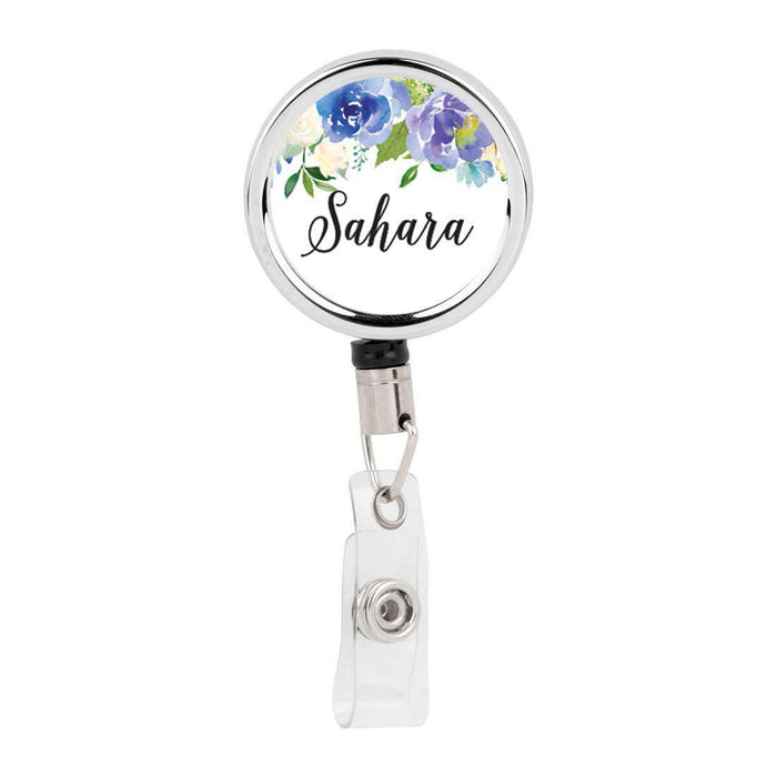 Retractable Badge Reel Holder With Clip, Custom Pink Peonies Floral Design-Set of 1-Andaz Press-Blue Hydrangeas Flowers-
