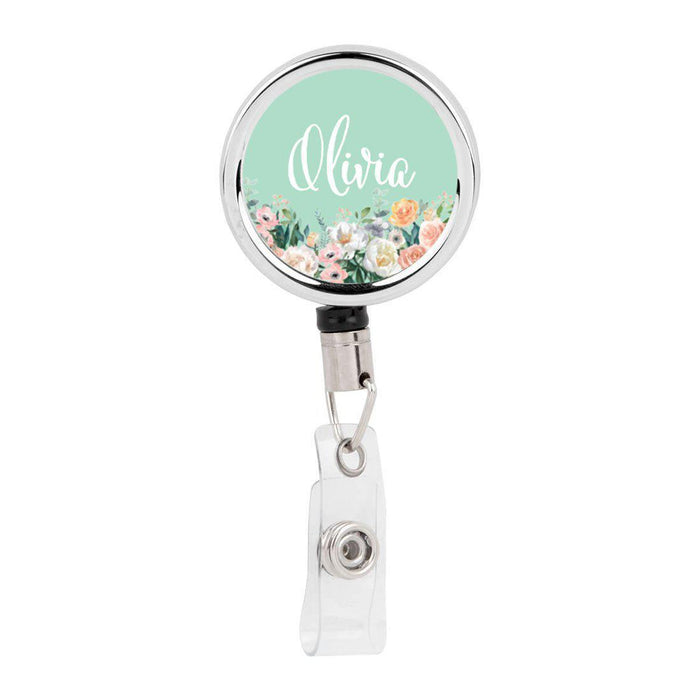Retractable Badge Reel Holder With Clip, Custom Pink Peonies Floral Design-Set of 1-Andaz Press-Mint Green-