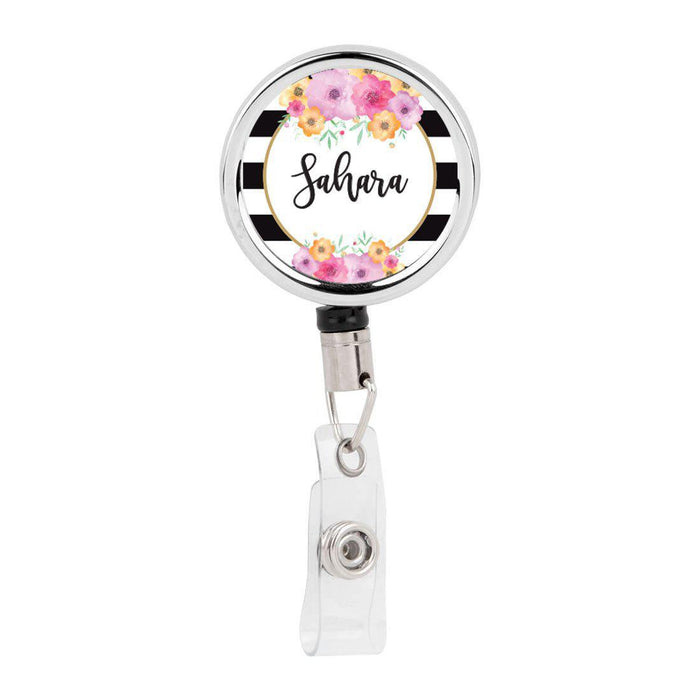 Retractable Badge Reel Holder With Clip, Custom Pink Peonies Floral Design-Set of 1-Andaz Press-Modern Floral Stripes-