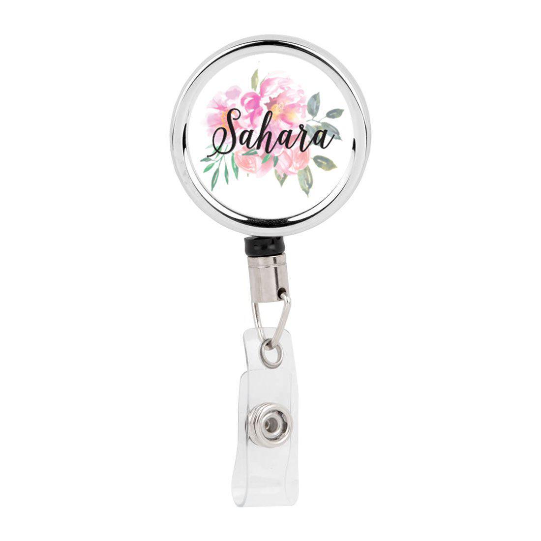 Retractable Badge Reel Holder With Clip, Custom Pink Peonies Floral De