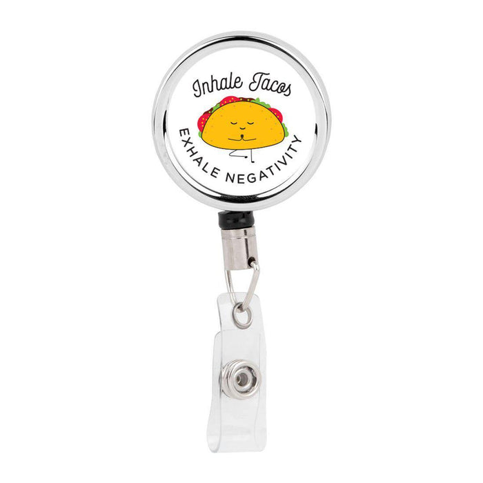 Retractable Badge Reel Holder With Clip, Funny Food Pun Anime-Set of 1-Andaz Press-Inhale Tacos-