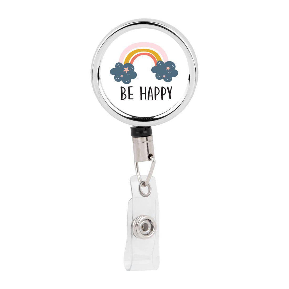Andaz Press Retractable Badge Reel Holder with Clip, Be Happy Rainbow, Size: Large, White