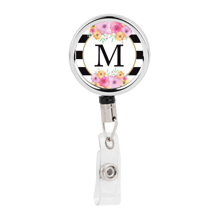 Retractable Badge Reel Holder With Clip, Modern Floral Stripes Monogram-Set of 1-Andaz Press-A-