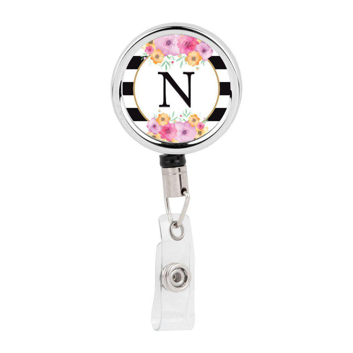 Retractable Badge Reel Holder With Clip, Modern Floral Stripes Monogram-Set of 1-Andaz Press-A-
