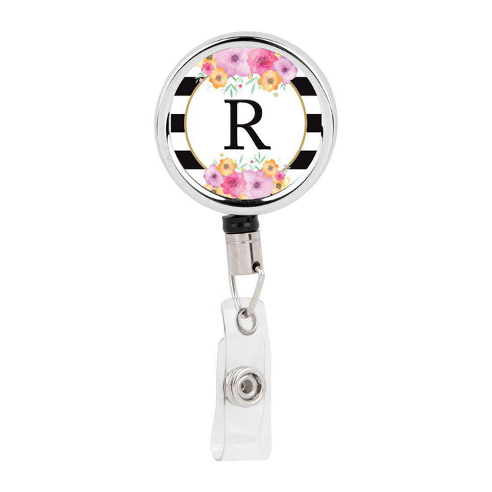 Retractable Badge Reel Holder With Clip, Modern Floral Stripes Monogram-Set of 1-Andaz Press-A-