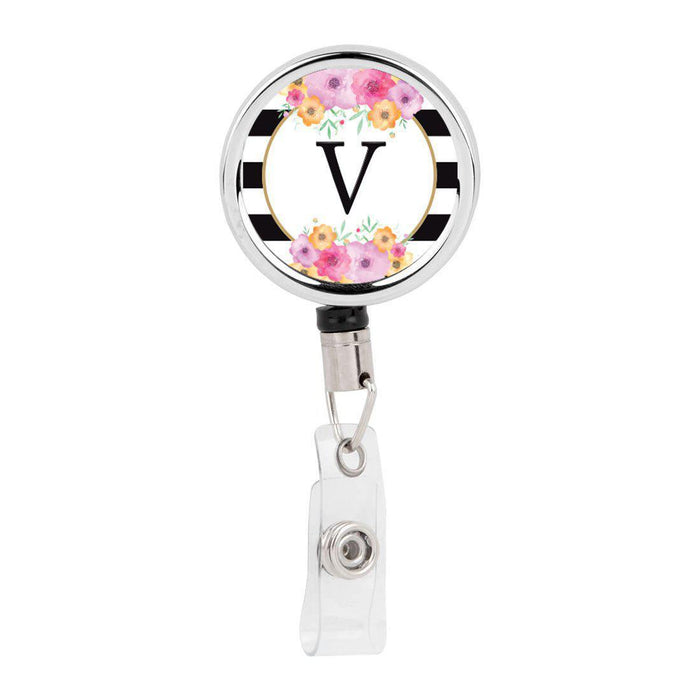 Retractable Badge Reel Holder With Clip, Modern Floral Stripes Monogram-Set of 1-Andaz Press-A-