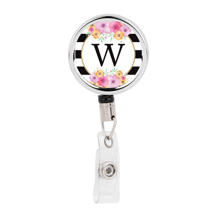 Retractable Badge Reel Holder With Clip, Modern Floral Stripes Monogram-Set of 1-Andaz Press-A-