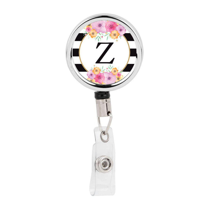 Retractable Badge Reel Holder With Clip, Modern Floral Stripes Monogram-Set of 1-Andaz Press-A-