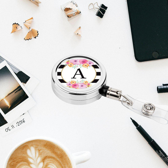 Retractable Badge Reel Holder With Clip, Modern Floral Stripes Monogram-Set of 1-Andaz Press-A-