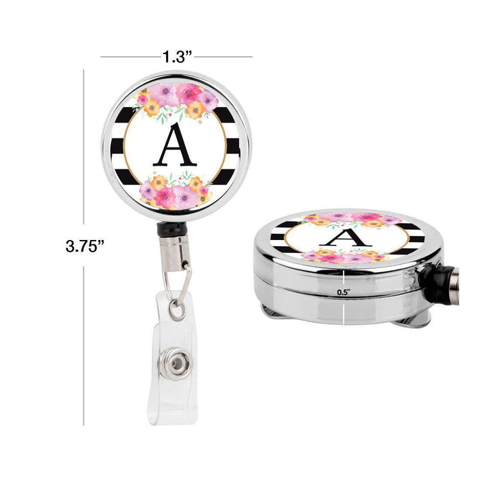 Retractable Badge Reel Holder With Clip, Modern Floral Stripes Monogram-Set of 1-Andaz Press-A-