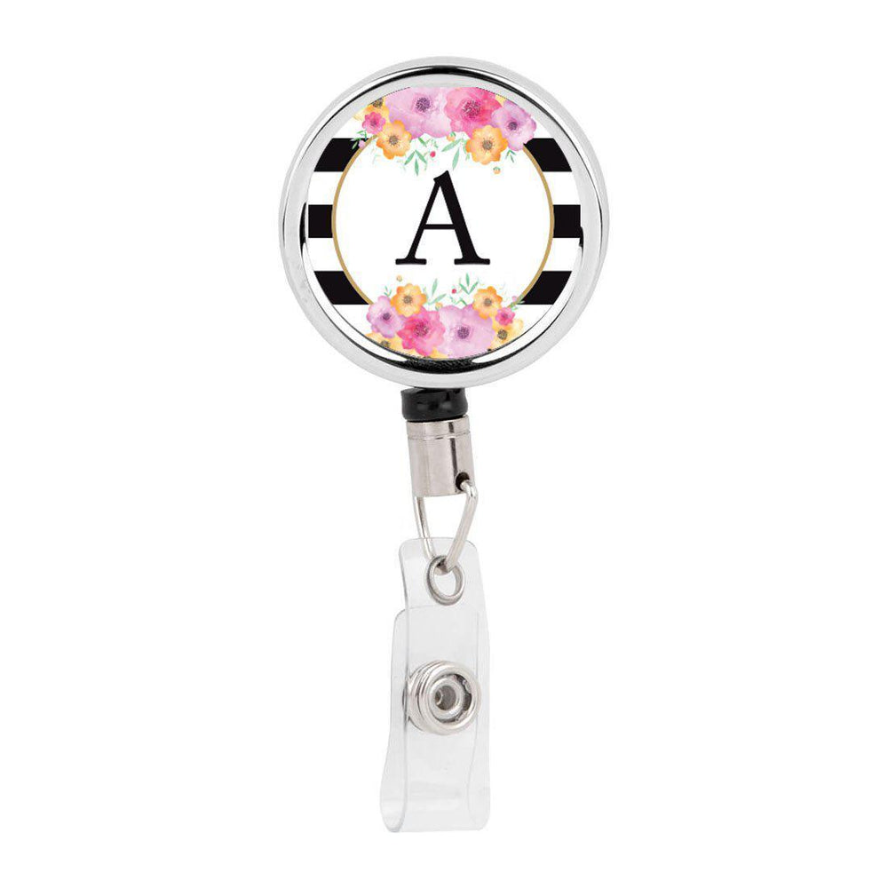 Retractable Badge Reel Holder With Clip, Modern Floral Stripes Monogram-Set of 1-Andaz Press-A-