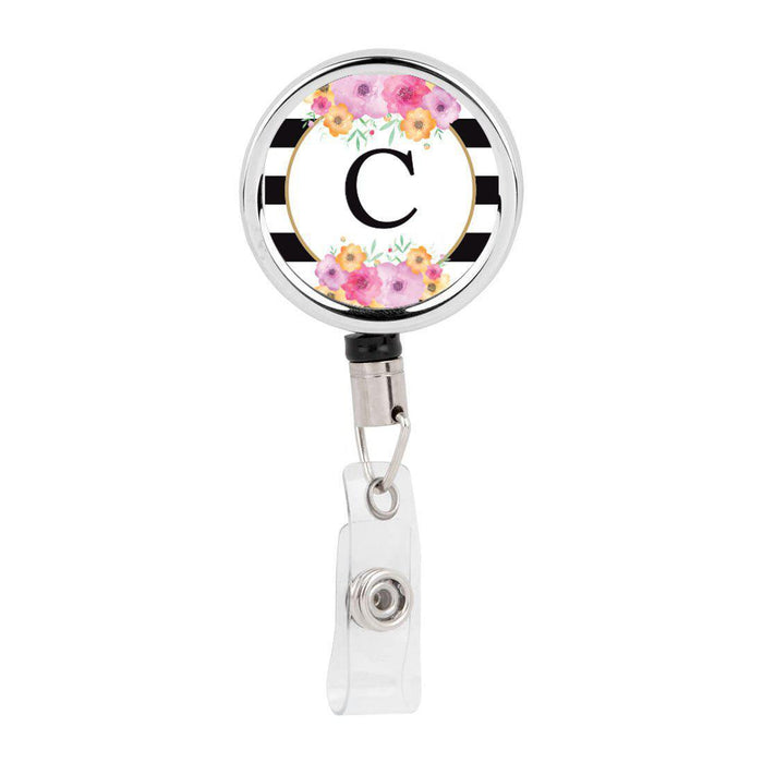 Retractable Badge Reel Holder With Clip, Modern Floral Stripes Monogram-Set of 1-Andaz Press-C-