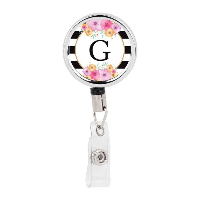 Retractable Badge Reel Holder With Clip, Modern Floral Stripes Monogram-Set of 1-Andaz Press-G-