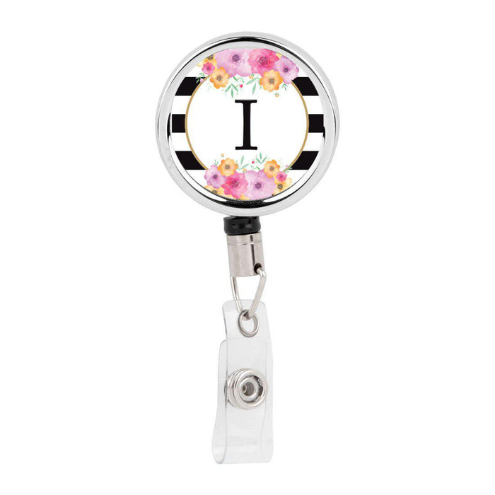 Retractable Badge Reel Holder With Clip, Modern Floral Stripes Monogram-Set of 1-Andaz Press-I-