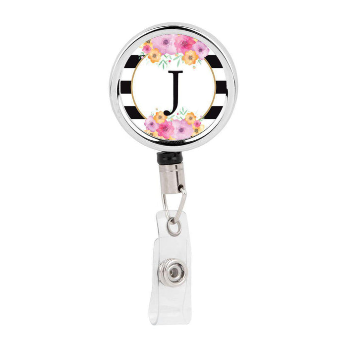 Retractable Badge Reel Holder With Clip, Modern Floral Stripes Monogram-Set of 1-Andaz Press-J-