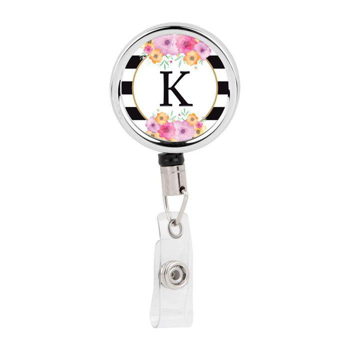 Retractable Badge Reel Holder With Clip, Modern Floral Stripes Monogram-Set of 1-Andaz Press-K-