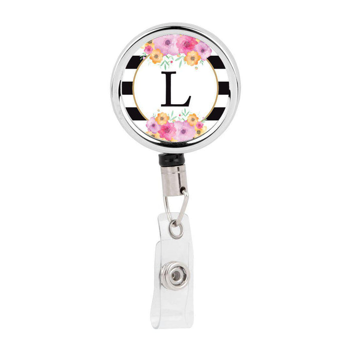 Retractable Badge Reel Holder With Clip, Modern Floral Stripes Monogram-Set of 1-Andaz Press-L-