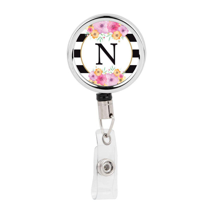 Retractable Badge Reel Holder With Clip, Modern Floral Stripes Monogram-Set of 1-Andaz Press-N-