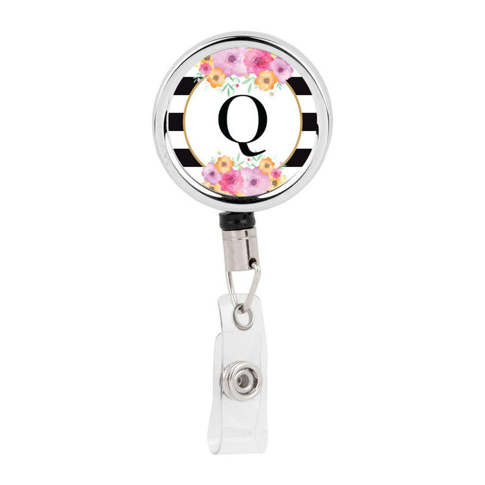 Retractable Badge Reel Holder With Clip, Modern Floral Stripes Monogram-Set of 1-Andaz Press-Q-