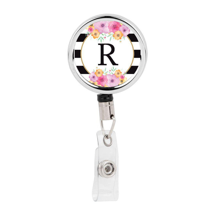 Retractable Badge Reel Holder With Clip, Modern Floral Stripes Monogram-Set of 1-Andaz Press-R-