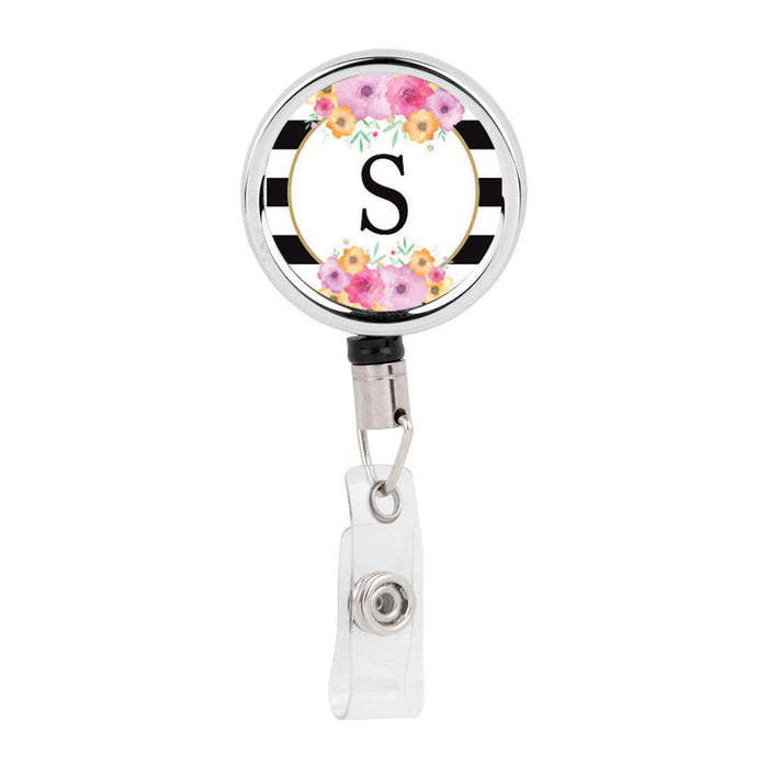 Retractable Badge Reel Holder With Clip, Modern Floral Stripes Monogram-Set of 1-Andaz Press-S-