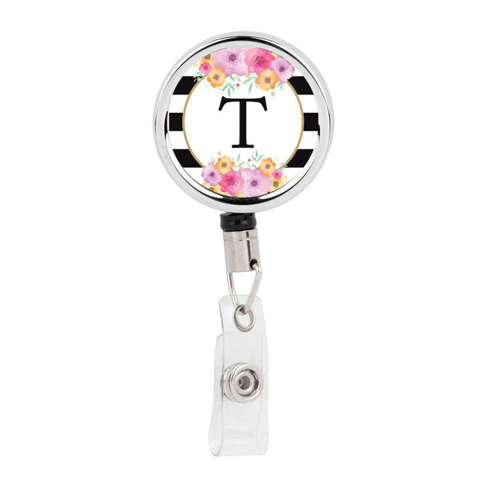 Retractable Badge Reel Holder With Clip, Modern Floral Stripes Monogram-Set of 1-Andaz Press-T-