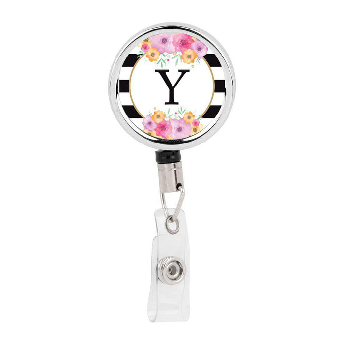 Retractable Badge Reel Holder With Clip, Modern Floral Stripes Monogram-Set of 1-Andaz Press-Y-