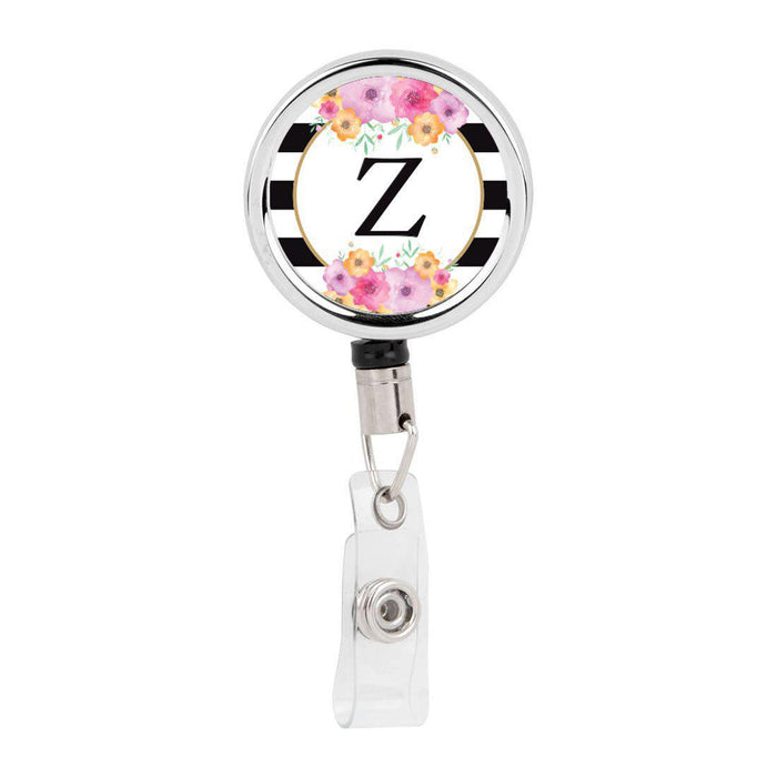Retractable Badge Reel Holder With Clip, Modern Floral Stripes Monogram-Set of 1-Andaz Press-Z-