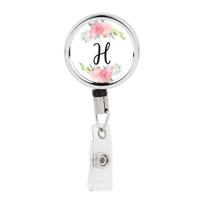 Retractable Badge Reel Holder With Clip, Monogram Blush Pink And Cream Flowers-Set of 1-Andaz Press-A-