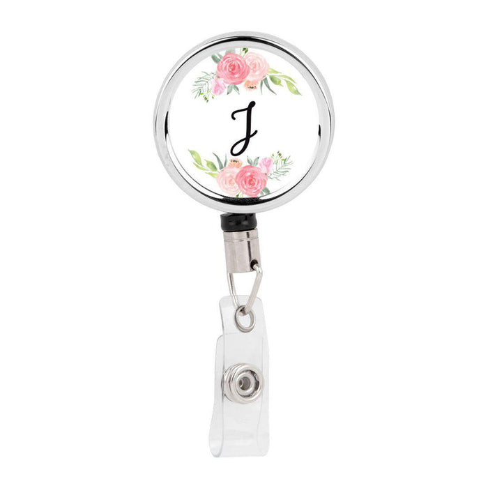 Retractable Badge Reel Holder With Clip, Monogram Blush Pink And Cream Flowers-Set of 1-Andaz Press-A-