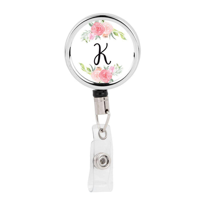 Retractable Badge Reel Holder With Clip, Monogram Blush Pink And Cream Flowers-Set of 1-Andaz Press-A-