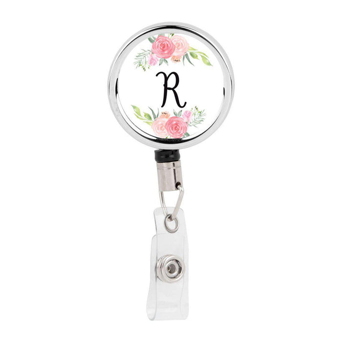 Retractable Badge Reel Holder With Clip, Monogram Blush Pink And Cream Flowers-Set of 1-Andaz Press-A-