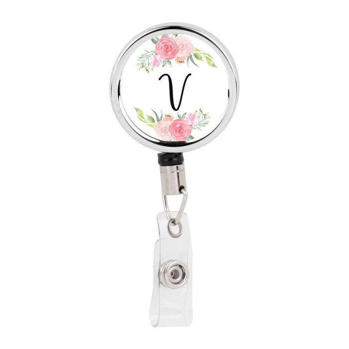 Retractable Badge Reel Holder With Clip, Monogram Blush Pink And Cream Flowers-Set of 1-Andaz Press-A-