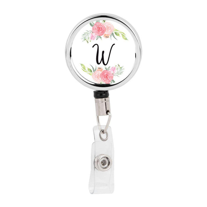 Retractable Badge Reel Holder With Clip, Monogram Blush Pink And Cream Flowers-Set of 1-Andaz Press-A-