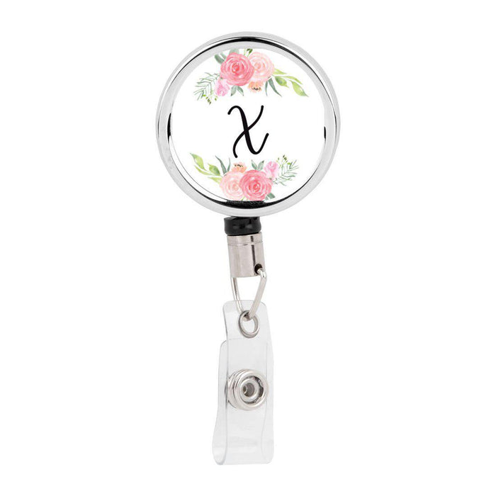 Retractable Badge Reel Holder With Clip, Monogram Blush Pink And Cream Flowers-Set of 1-Andaz Press-A-