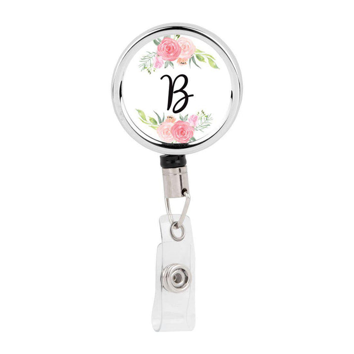 Retractable Badge Reel Holder With Clip, Monogram Blush Pink And Cream Flowers-Set of 1-Andaz Press-A-