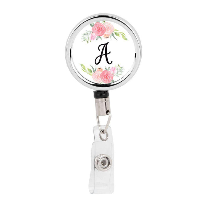 Retractable Badge Reel Holder With Clip, Monogram Blush Pink And Cream Flowers-Set of 1-Andaz Press-A-