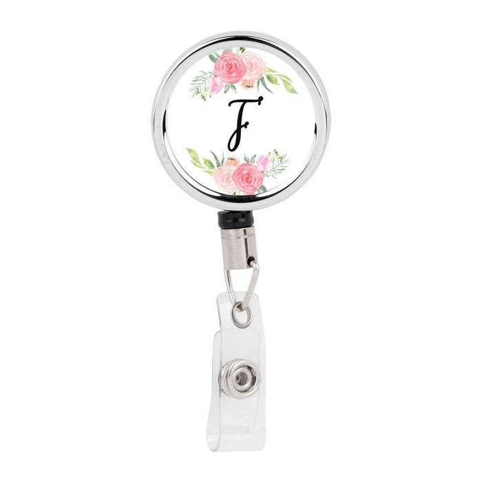 Retractable Badge Reel Holder With Clip, Monogram Blush Pink And Cream Flowers-Set of 1-Andaz Press-F-