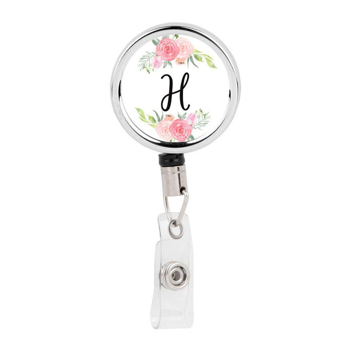Retractable Badge Reel Holder With Clip, Monogram Blush Pink And Cream Flowers-Set of 1-Andaz Press-H-