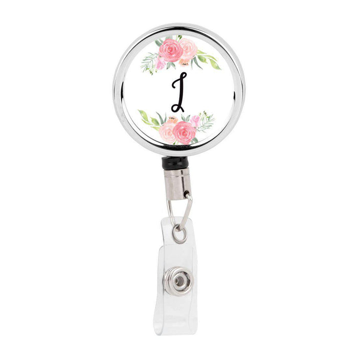 Retractable Badge Reel Holder With Clip, Monogram Blush Pink And Cream Flowers-Set of 1-Andaz Press-I-